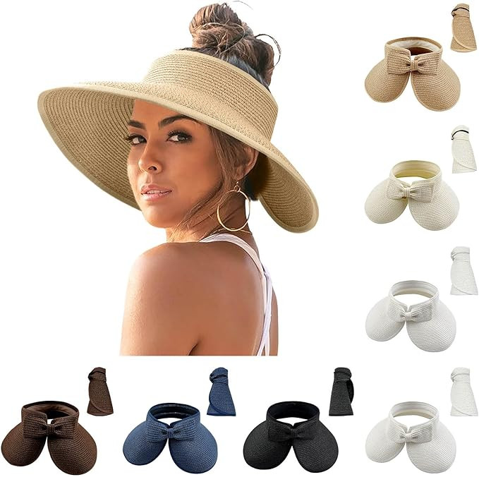 Foldable Sun Hats for Women Wide Brim Straw Visor Hats Uv UPF Roll-Up Ponytail Summer Visor Beach... | Amazon (US)