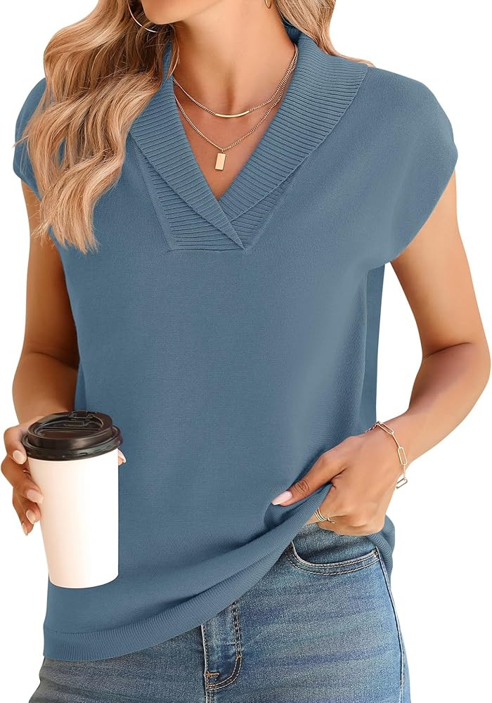 Ivicoer Sweater Vest Women V-Neck Knitted Pullover Short Cap Sleeve Collared Tops Dressy Casual 2... | Amazon (US)