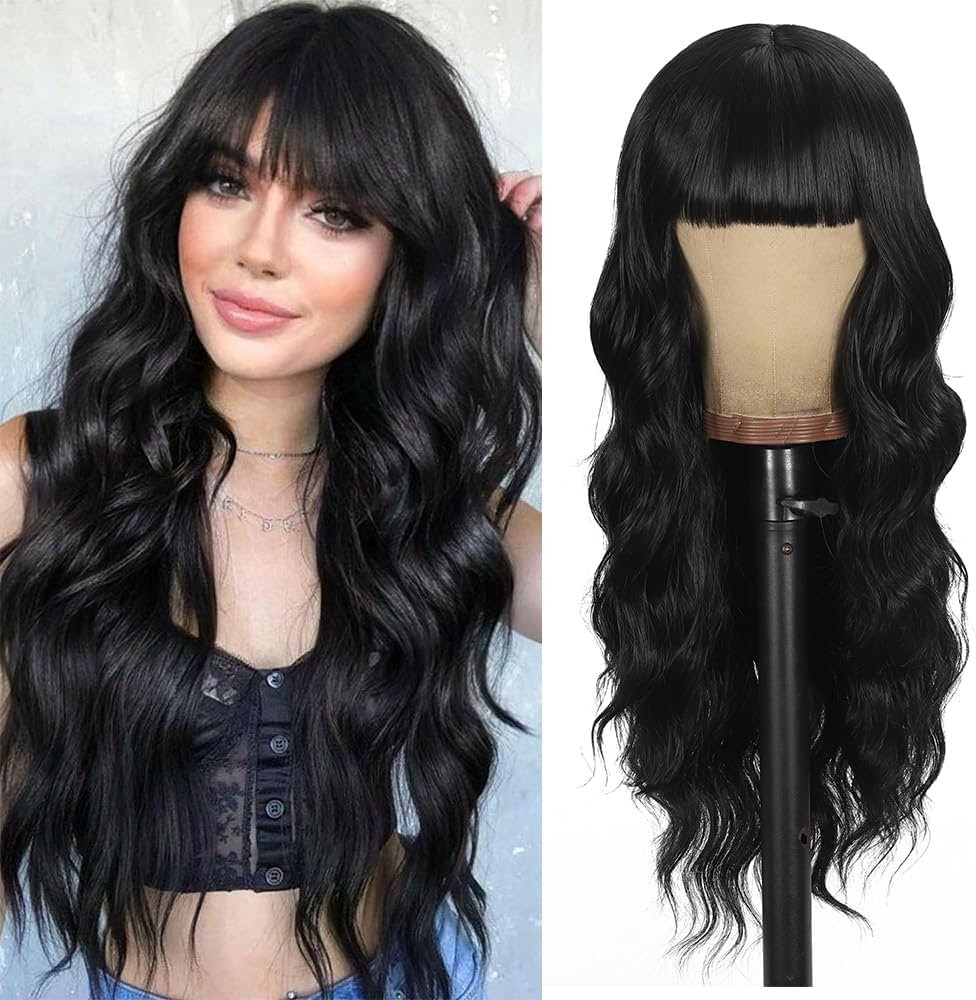 Black Wig with Bangs Curly wavy Wig for Women Long Natural Black wavy wigs skin-friendly syntheti... | Amazon (US)