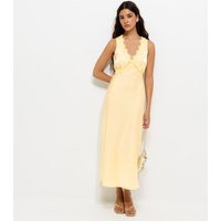 Women's Yellow Satin Lace Trimmed V-Neck Midi Dress New Look | New Look (UK)