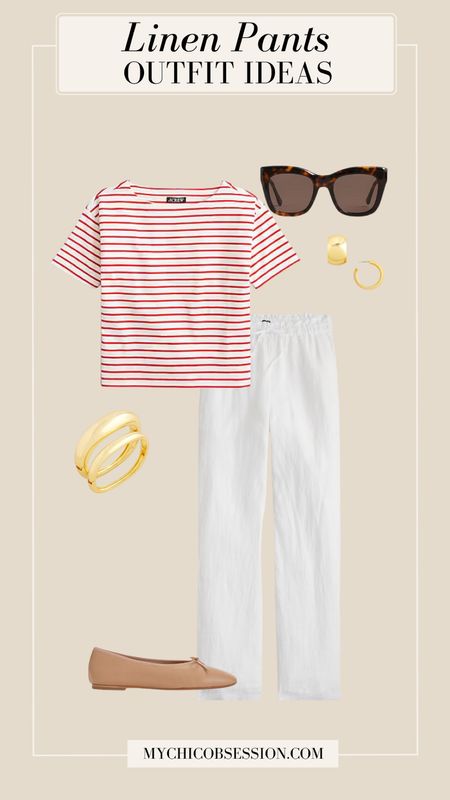 Pair a nautical-inspired red and white striped tee with the Soleil linen pants from J.Crew for a breezy summer outfit. Elevate your look with gold jewelry, oversized sunglasses and classic ballet flats.

#LTKStyleTip #LTKSeasonal