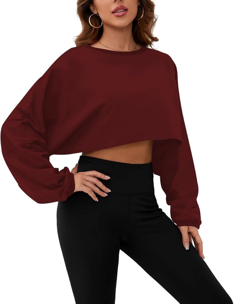 Meladyan Women Long Sleeve Crewneck Crop Top Tee Shirt Sweatshirt Casual Solid Loose Fit Workout ... | Amazon (US)