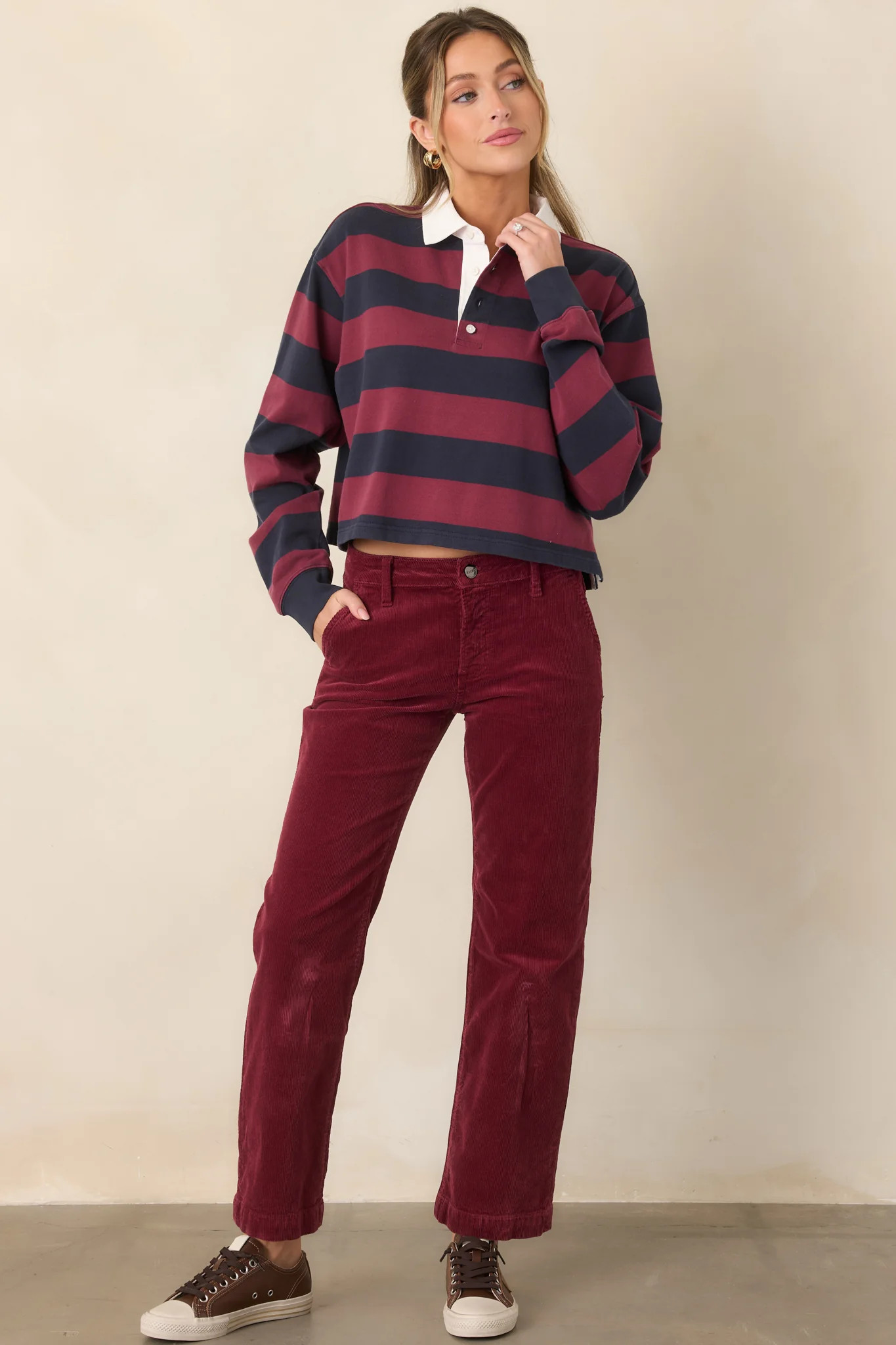 Good American Navy and Berry Stripe Cropped Rugby Polo Top | Red Dress