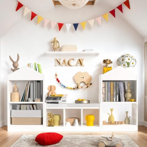 MHOM 68.9“ Kids Bookshelf with Reading Nook, Toy Storage Organizer with Seat Cushion and 7 Storage Cubbies, Wooden Kids Bookcase, Toy Organizers and Storage for Nursery, Playroom, White | Amazon (US)