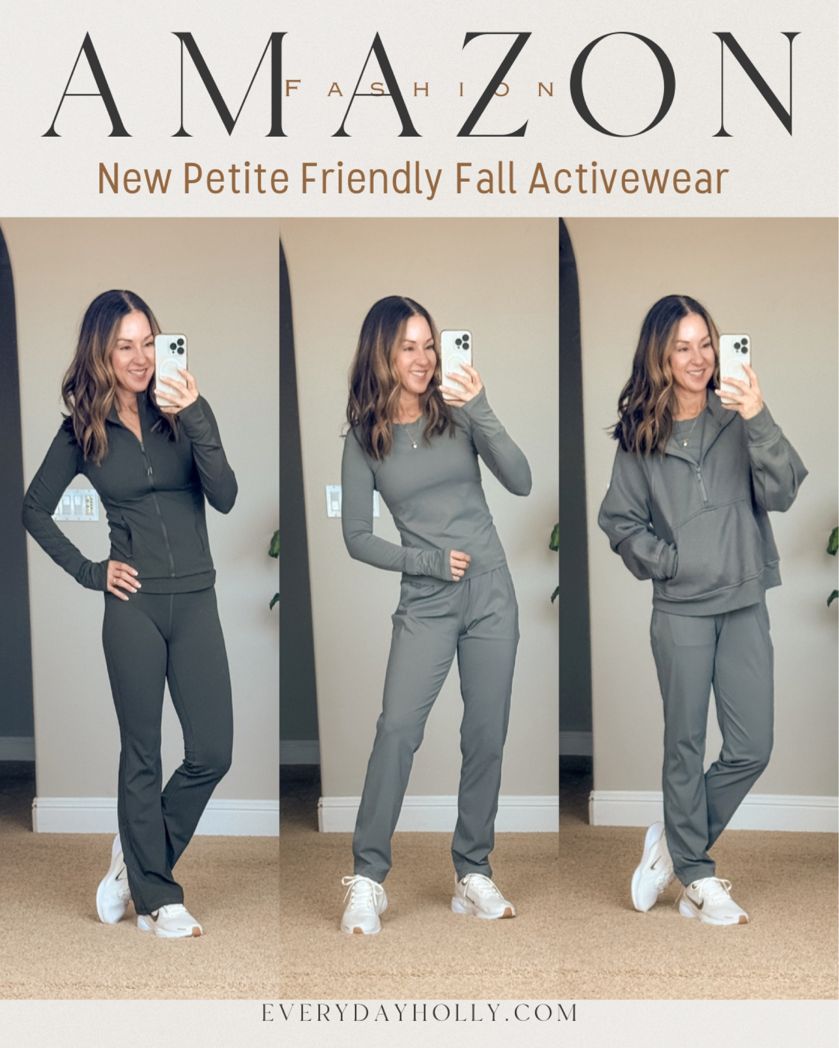 Amazon New Petite friendly athleisure outfits.  I'm 5'1", 109lbs. Bootcut flare leggings come in 29" / 30.5" / 32" / 33.5".  Wearing the XS 29" in olive green. Butterluxe Womens Cropped Slim Fit Zip Workout Jacket XS in olive green. 4-Way Stretch Ankle Pants - 7/8 perfect for travel, lougewear size XS in grey sage.Quick Dry Gym Athletic Tops Breathable Running Yoga Shirt XS grey sage. Fleece Lined Half Zip Hoodies Oversized Pullover XS grey sage. favorire no show socks. 
CRZ yoga, travel outfit, Everyday Holly, fall mom style 

#LTKTravel #LTKFindsUnder50 #LTKFitness