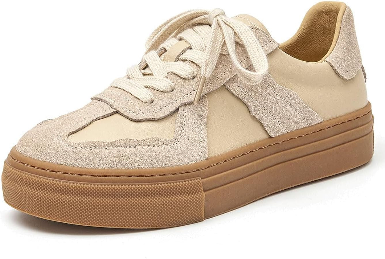 BEAU TODAY Fashion Sneakers Women,Leather Casual Lace Up Retro OG Sneakers,Comfortable Tennis Run... | Amazon (US)