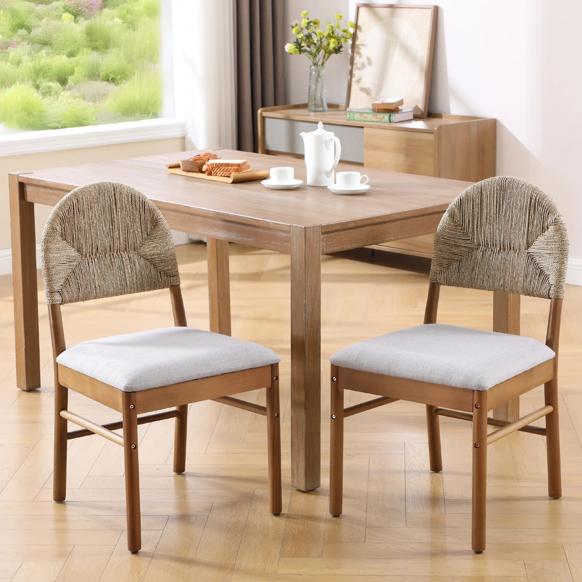 Boho Dining Chairs Upholstered Linen Seat with Woven Paper Rope Back (Set of 2) | Wayfair North America