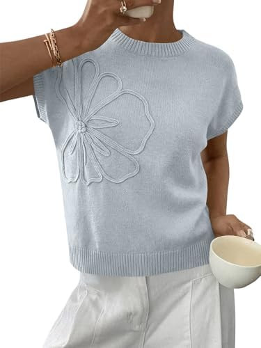 Saodimallsu Womens Short Sleeve Sweater Trendy Floral Pullover Sweaters Summer Casual Crewneck Li... | Amazon (US)