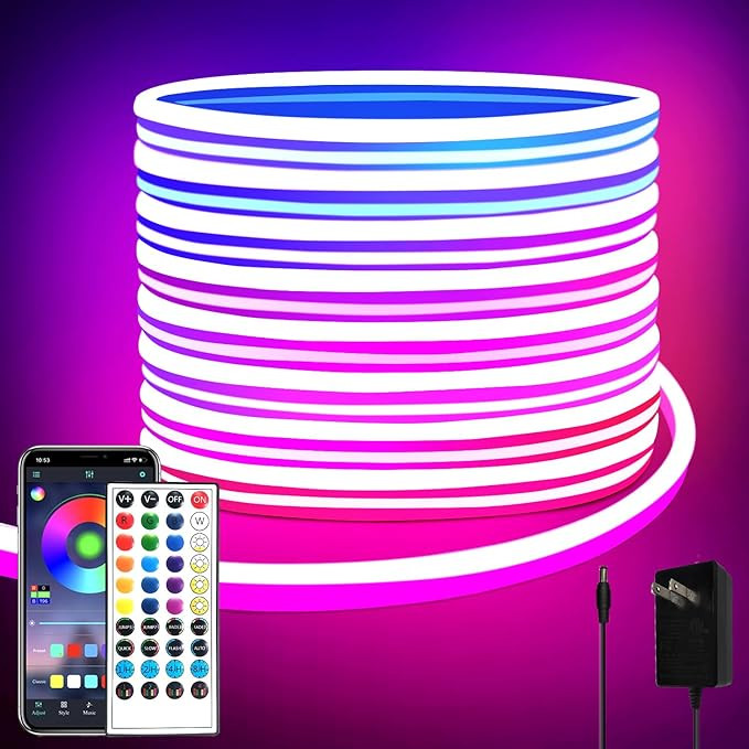 32.8ft LED neon Lights with Remote APP Control IP65 Waterproof Flexible Neon Strip Lights 24V RGB... | Amazon (US)