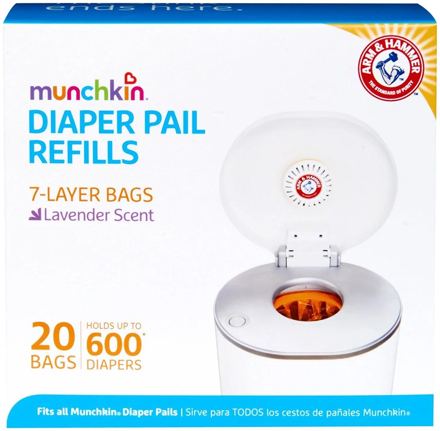 Munchkin Arm & Hammer Diaper Pail Snap, Seal and Toss Refill Bags, 20 Ct. Bags, Holds 600 Ct. Dia... | Walmart (US)