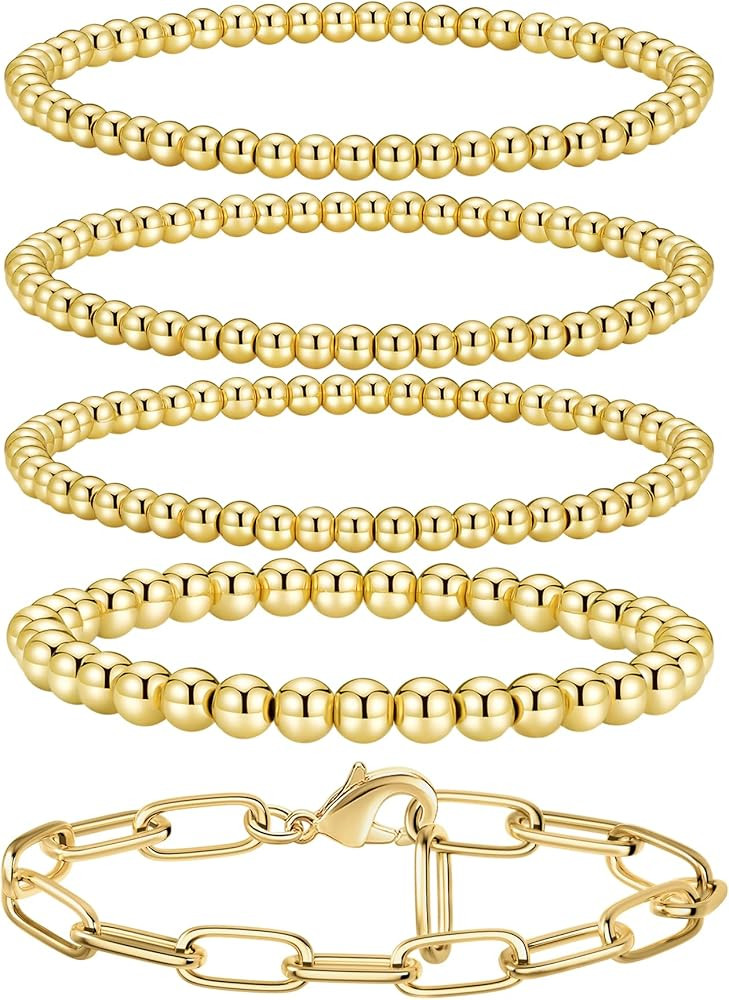 shownee Gold Beaded Bracelets for Women, Gold Bead Bracelet Set, Stackable Bead Ball Bracelet 14k Gold Plated | Amazon (US)