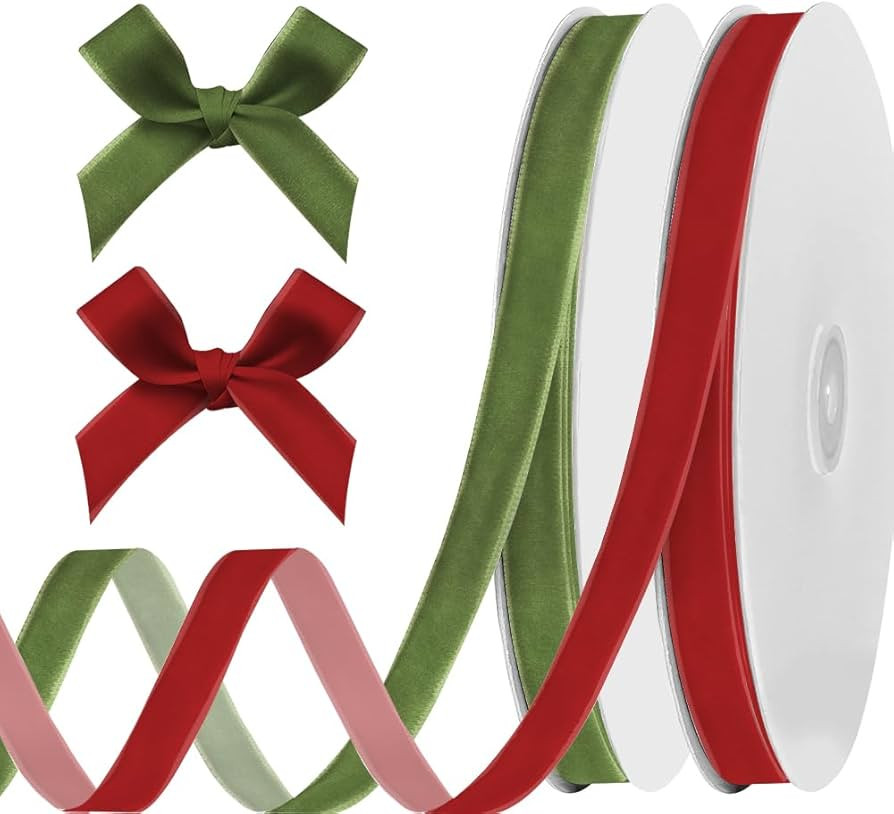 ALIBBON 2 Rolls 3/8 Inch x 20 Yds Red Green Velvet Ribbon Wine Red Forest Green Assorted Thin Rib... | Amazon (US)