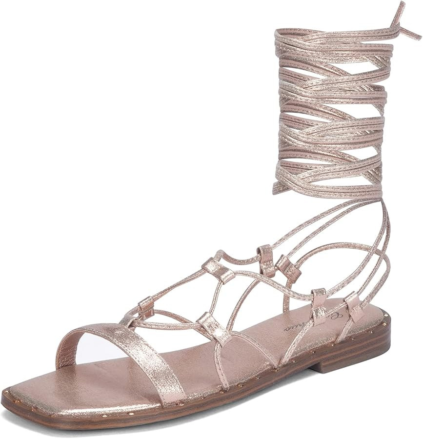 GENSHUO Lace Up Flat Sandals for Women Square Toe and Studded Criss-Cross Gladiator Strappy Flats... | Amazon (US)
