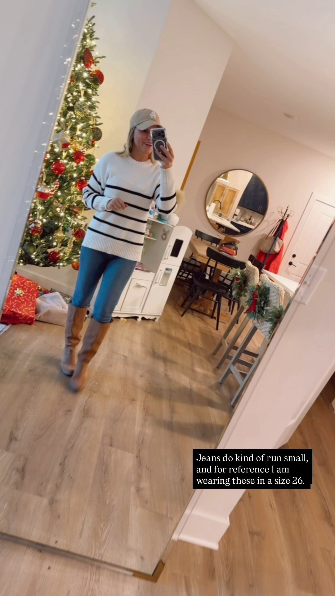 A luxury feeling sweater for a fraction of the price. Legit jeans that suck you in, and old school knee high boots. 