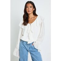 boohoo Women's Ruffle Plunge Blouse in White | Size: 10 | Denim/Polyurethane/Woven | boohoo (US & Canada)