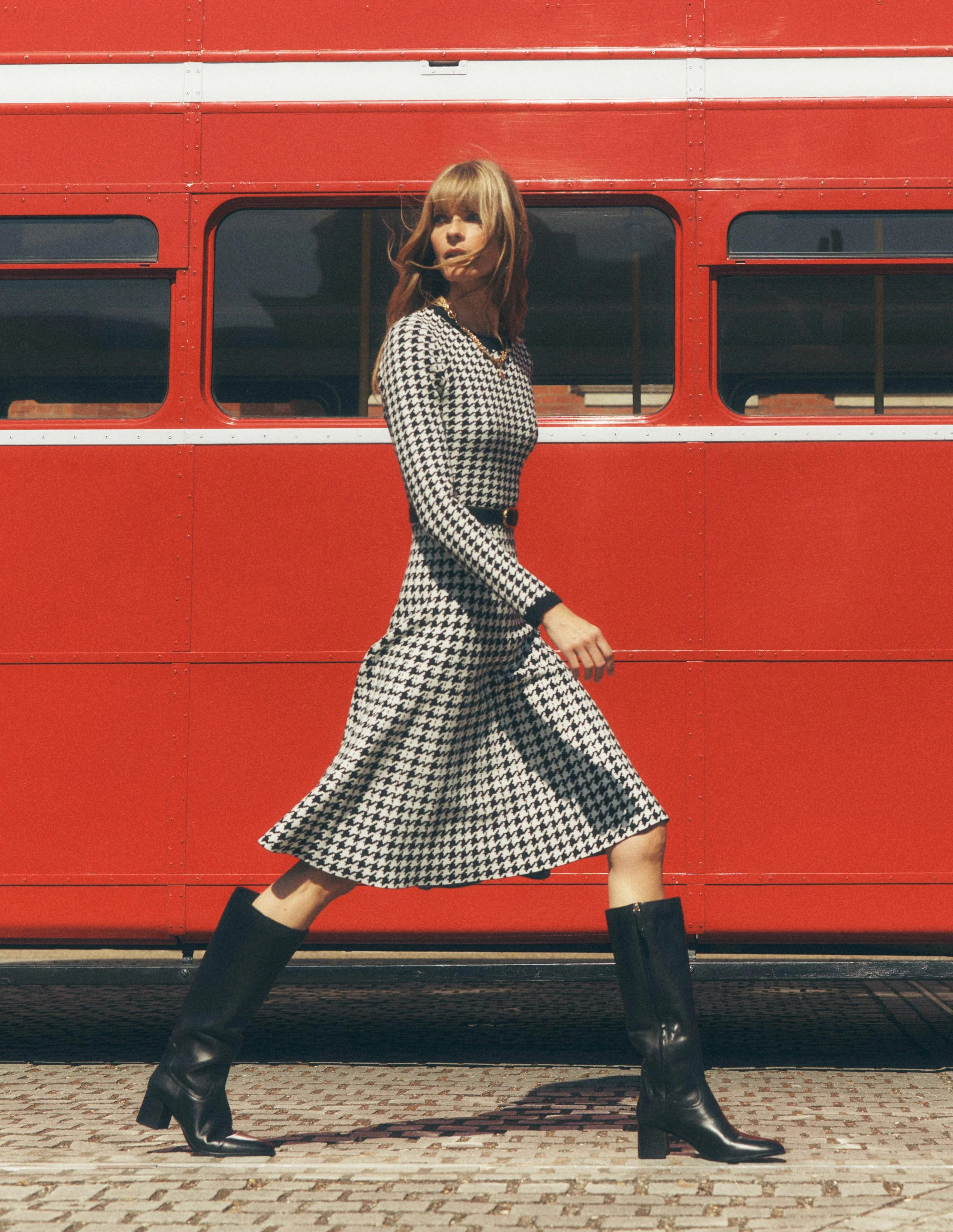 Maria Button Knitted Dress-Black and Ivory Dogstooth | Boden (US)