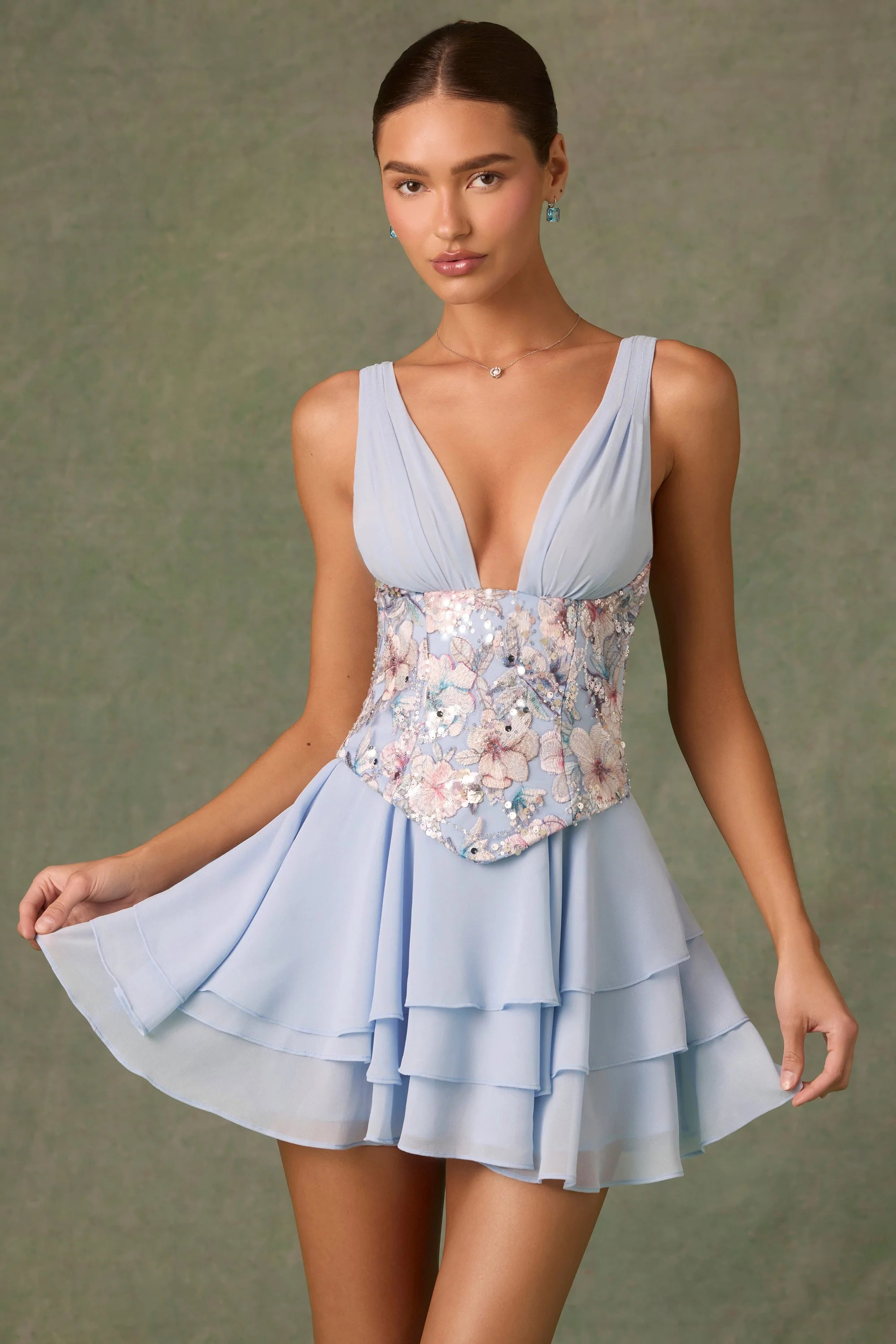 Embellished Ruffled Corset Mini Dress in Floral Blue | Oh Polly
