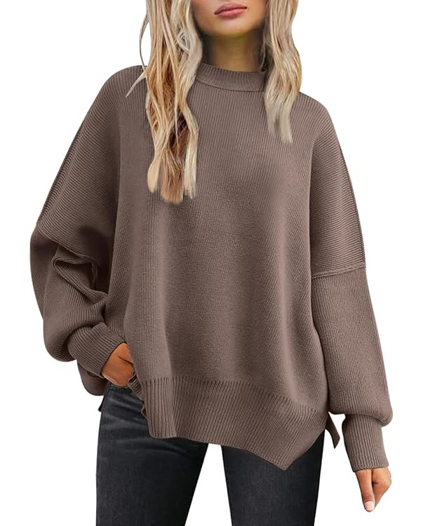 LILLUSORY Women's Crewneck Batwing Long Sleeve Sweater 2023 Fall Oversized Ribbed Knit Side Slit ... | Amazon (US)