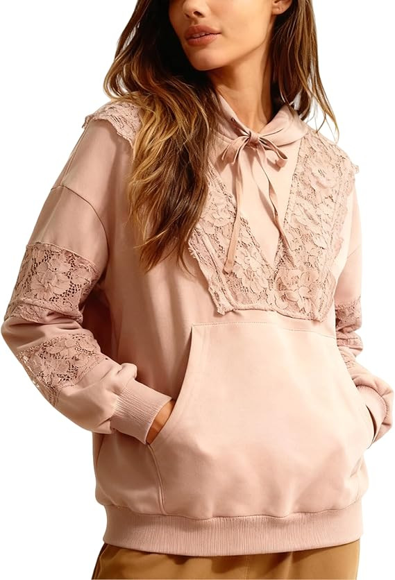 Women’s Pullover Hoodie Lace Eyelet Sweatshirt Long Sleeve Ruffle Trim Hoodie with Kangaroo Poc... | Amazon (US)