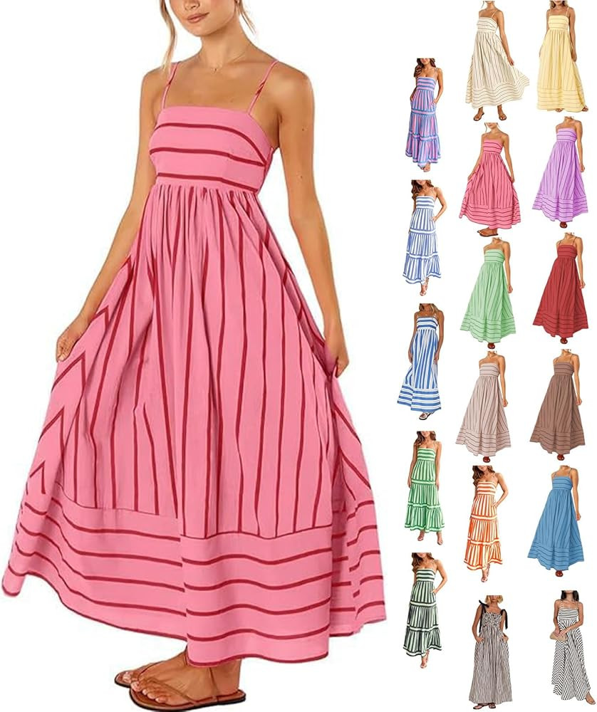 Women Summer Striped Maxi Dress Spaghetti Strap Backless Cutout Long Dress Flowy Swing Beach Dres... | Amazon (US)
