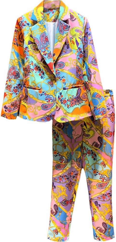 Autumn Winter Fashion Two Piece Set Women's Colorful Chain Print Blazer + Pants Elegant Twinset | Amazon (US)