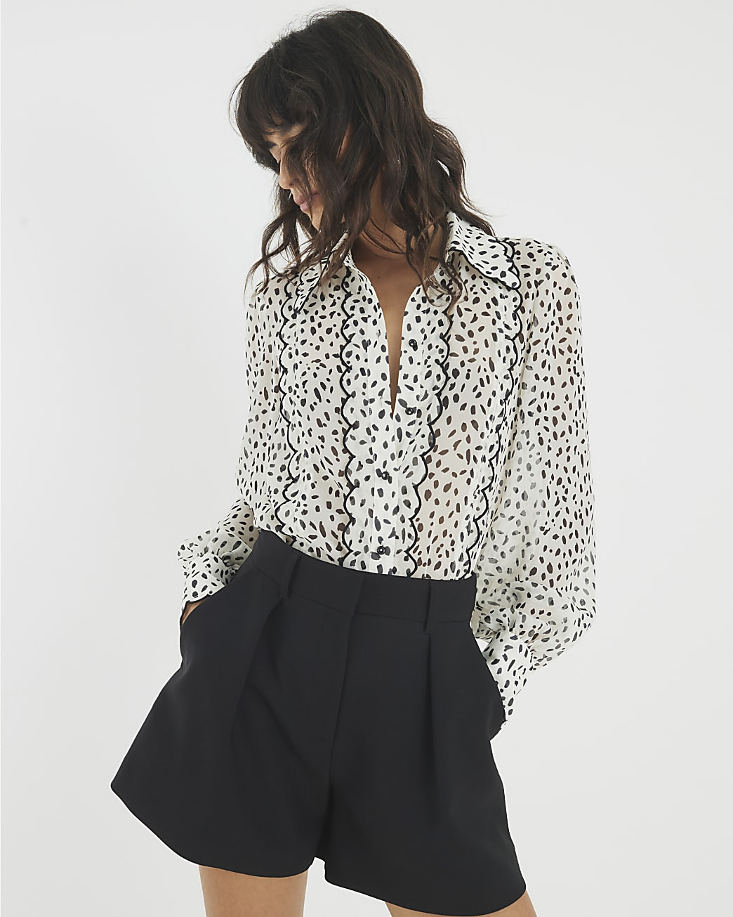 Cream Chiffon Spot Print Scallop Trim Shirt | River Island UK & IE