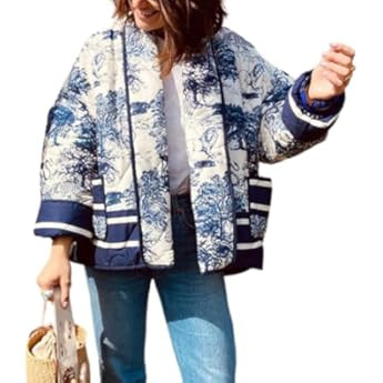 VAOYIU Women's Cropped Puffer Jacket Vintage Cardigan Floral Printed Lightweight Open Front Padded Q | Amazon (US)