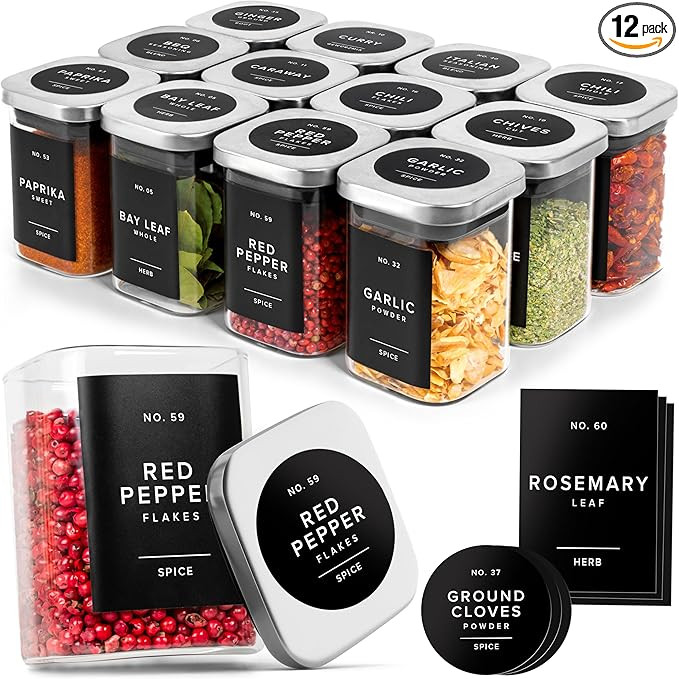 EDELHAUS Glass Spice Jars with Labels and Steel Lids (12 x 6.4oz) Spice Containers with 160 Label... | Amazon (US)