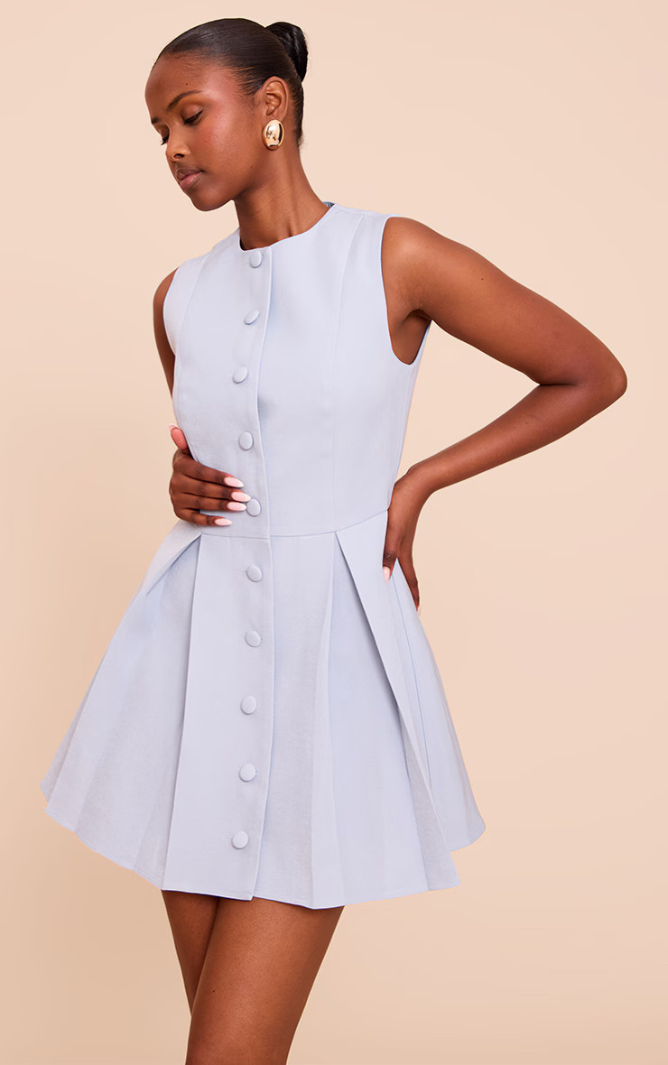 Light Blue Tailored Woven Button Down Pleated Shift Dress | PrettyLittleThing US