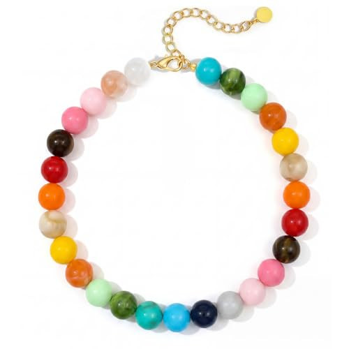 ZHDHDQ Multicolor Chunky Beaded Necklace, Statement Colorful Round Ball Beads Choker Necklace with Gold-Tone Adjustable Chain, Fashion Bold Neck Jewelry for Women | Amazon (US)