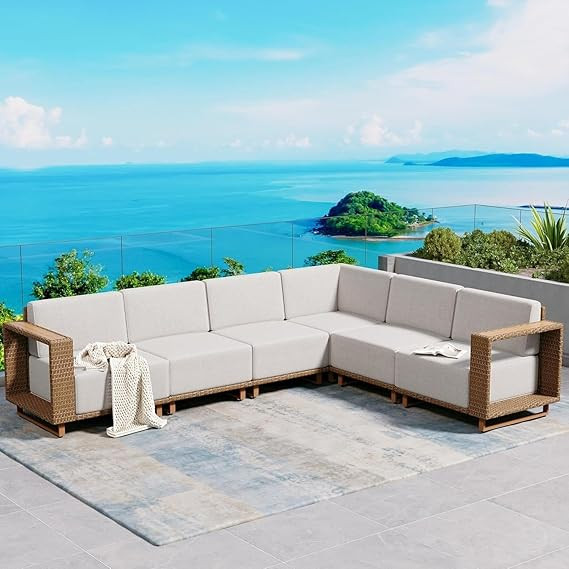 SUNSHINE VALLEY Patio Sectional Furniture, Outdoor Yellow Rattan Wicker Sofa with 10''Ultra-Thick... | Amazon (US)