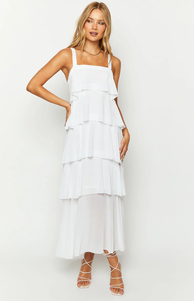 Brielle White Layered Frill Maxi Dress | Beginning Boutique (US)