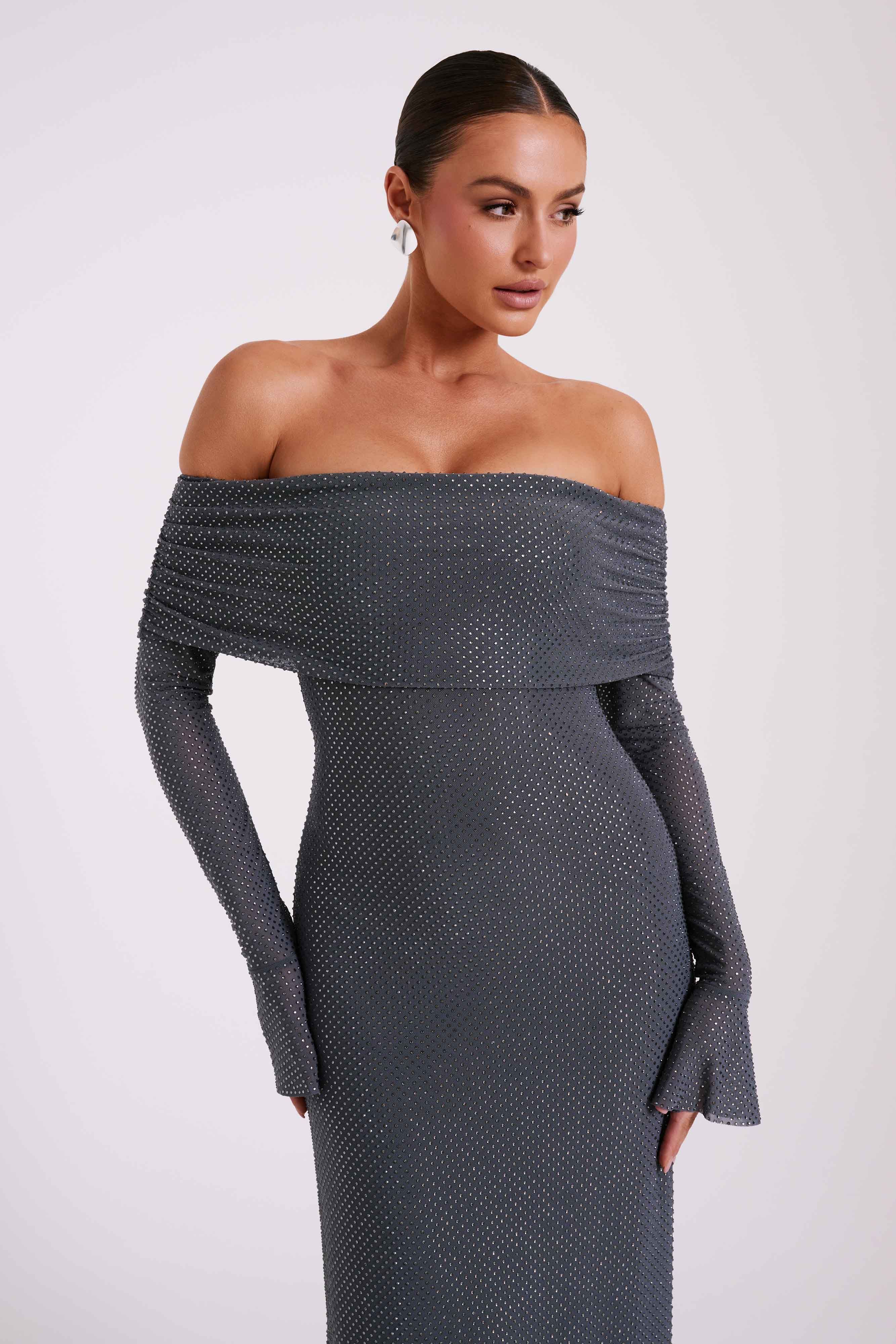 Marcel Off Shoulder Diamante Maxi Dress - Gunmetal | MESHKI US