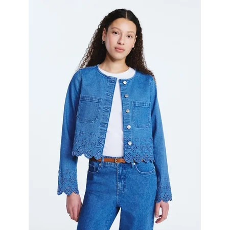 Free Assembly Women s and Women s Plus Embroidered Eyelet Denim Jacket Sizes XS-4X | Walmart (US)