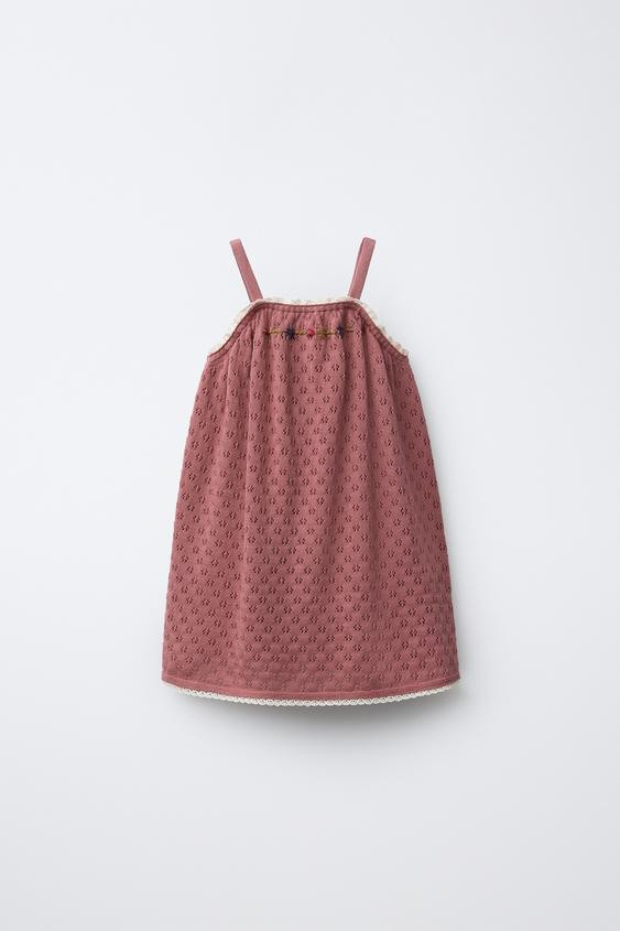 Zara - Knit Dress With Embroidered Flowers And Lace Trim - Pink - 5 Years (43,3 Inches) - Kids | Zara US