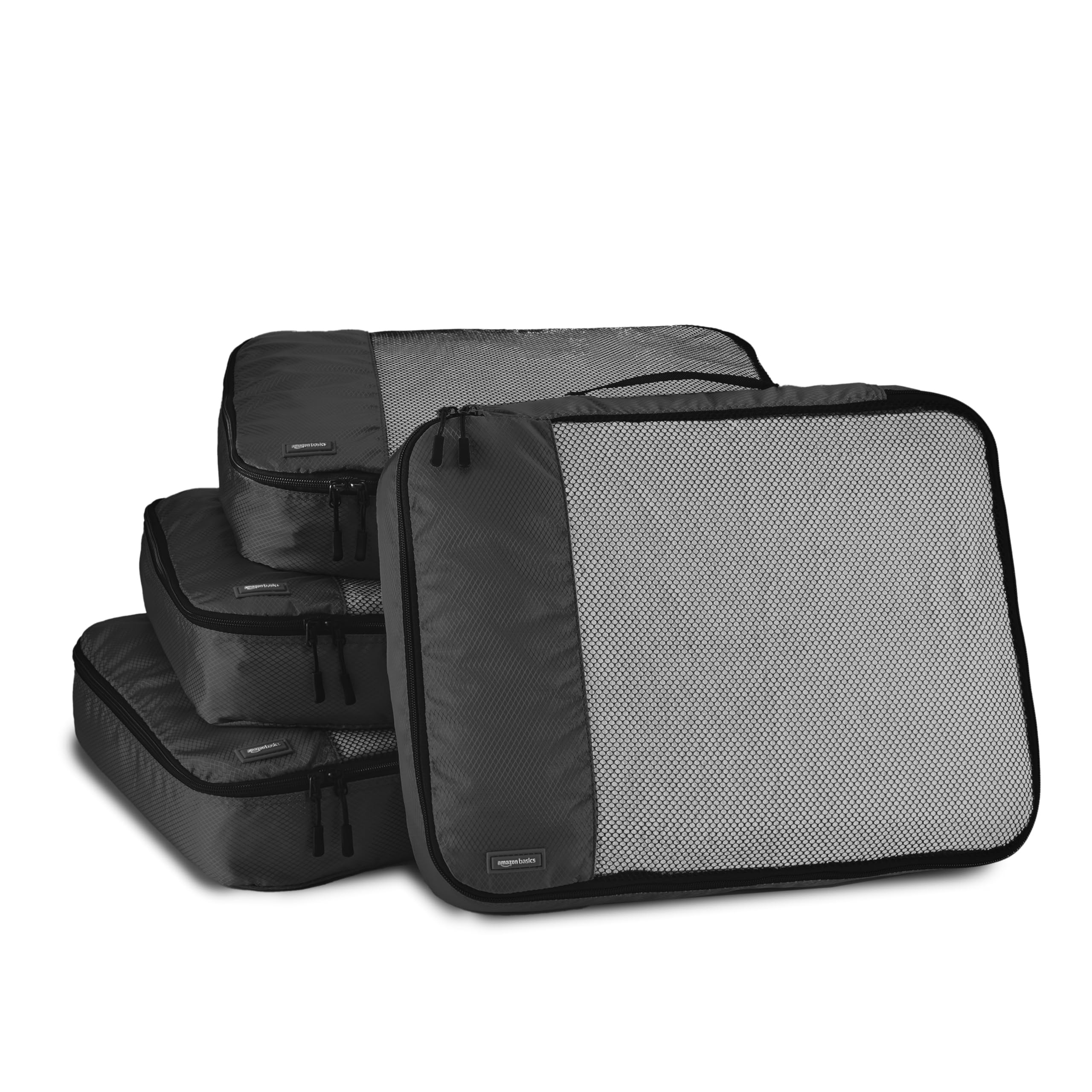 Amazon Basics Large Packing Cubes for Travel, Packing Organizers, 4-Piece-Set With Double Zipper Pulls and Mesh Top Panel, 100% Durable Polyester, Black, 17.5"L x 12.8"W x 3.3"H | Amazon (US)