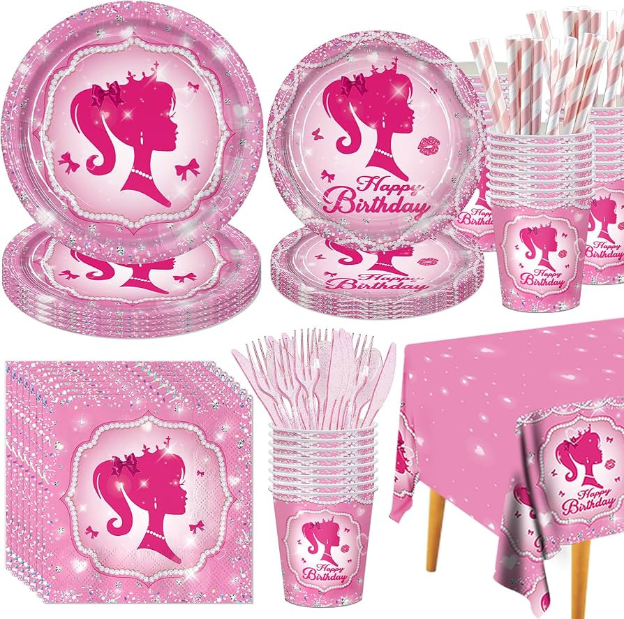 161CT Pink Girl Babe Happy Birthday Party Supplies Babe Head Paper Plates Cups Straw Napkins Spoo... | Amazon (US)