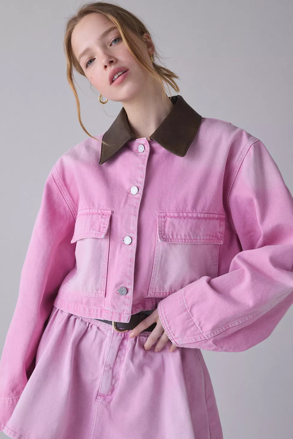 AFRM Tanner Soft Pink Wash Denim Crop Utility Jacket | Urban Outfitters (US and RoW)