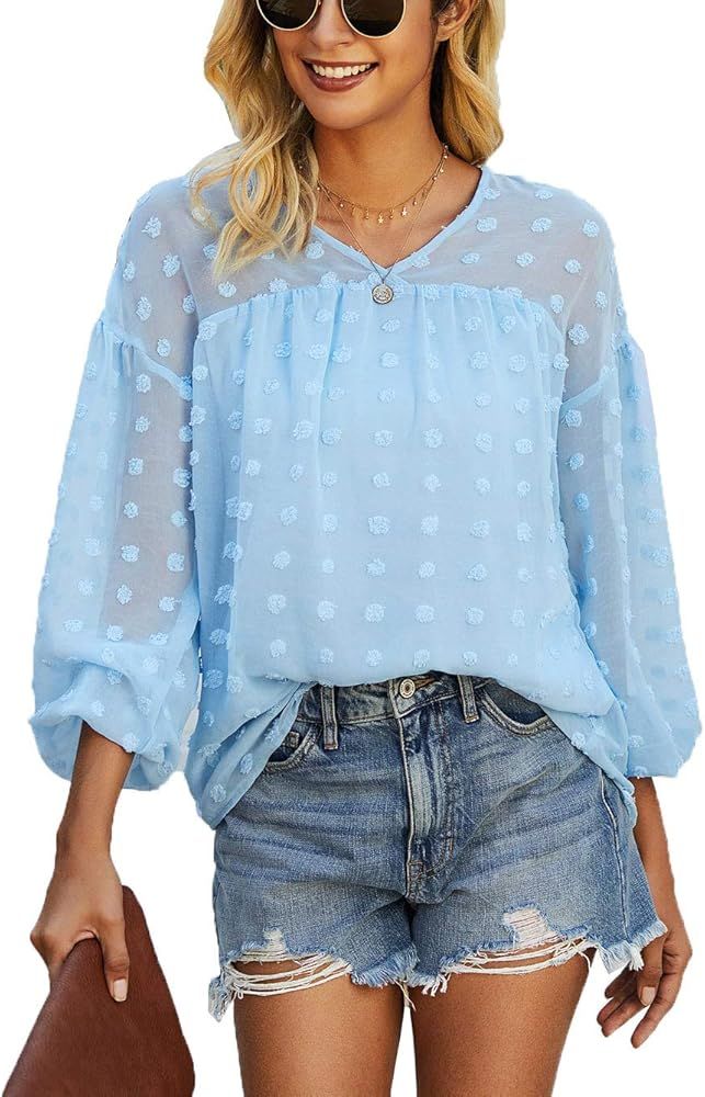 Famulily Women's Elegant Chiffon Blouse V Neck Mesh Swiss Dot Bubble Sleeve Shirt Pom Pom Top | Amazon (US)
