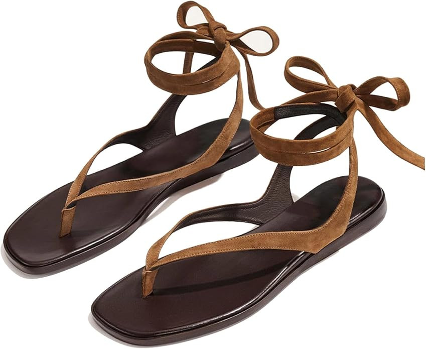 Strappy Flat Sandals for Women Open Toe Lace Up Thong Sandals Comfortable Dressy Beach Flip Flops... | Amazon (US)