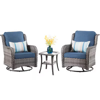 Ovios Set of 2 Rattan Gray Wicker with Denim Blue Cushions Iron Frame Swivel rocker Rocking Chair... | Lowe's