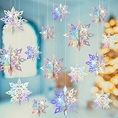 Christmas Hanging Snowflakes Decorations 15 Pack 3D Iridescent Paper Snowflakes Rainbow Snow Flak... | Amazon (US)