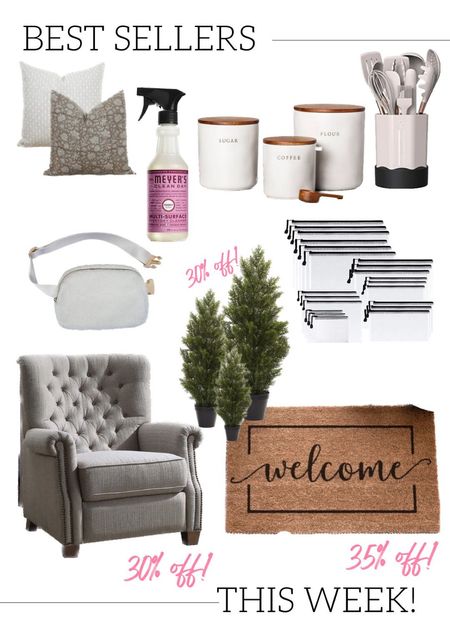 Best sellers this week in home decor and accessories organization and cleaning products throw pillows and pillow covers, multi surface cleaner, kitchen canisters and shelf, accessories kitchen, cooking utensils, mesh, organizing bags, cedar outdoor trees, faux florals, reclining chair, welcome doormat crossbody bag wear everywhere dupe 

#LTKFind #LTKhome #LTKsalealert