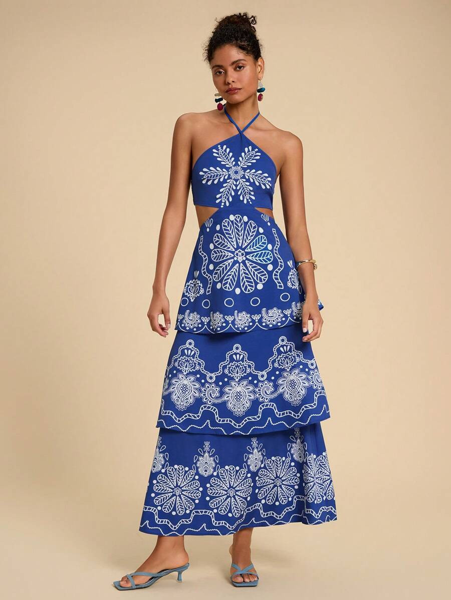 Travachic 1pc Women's Vacation Chiffon Blue Floral Print Backless Halter Dress,Summer Dresses For... | SHEIN