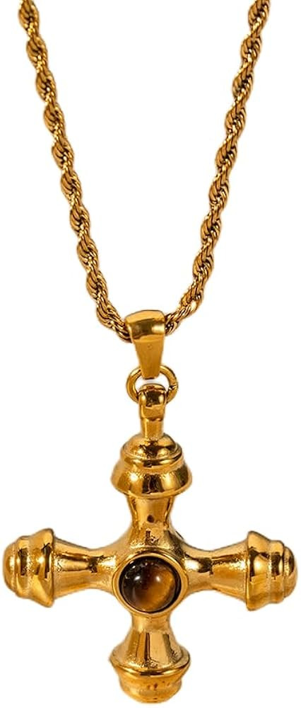 18K Gold Stainless Steel Cross Earrings Necklace Set with Tiger Eye Gemstone - Trendy Fashion Jew... | Amazon (US)