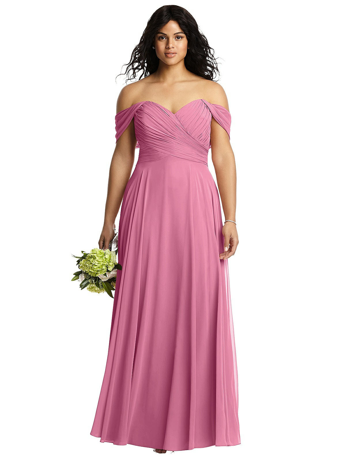 Off-the-Shoulder Draped Chiffon Maxi Dress in Orchid Pink | Dessy Group