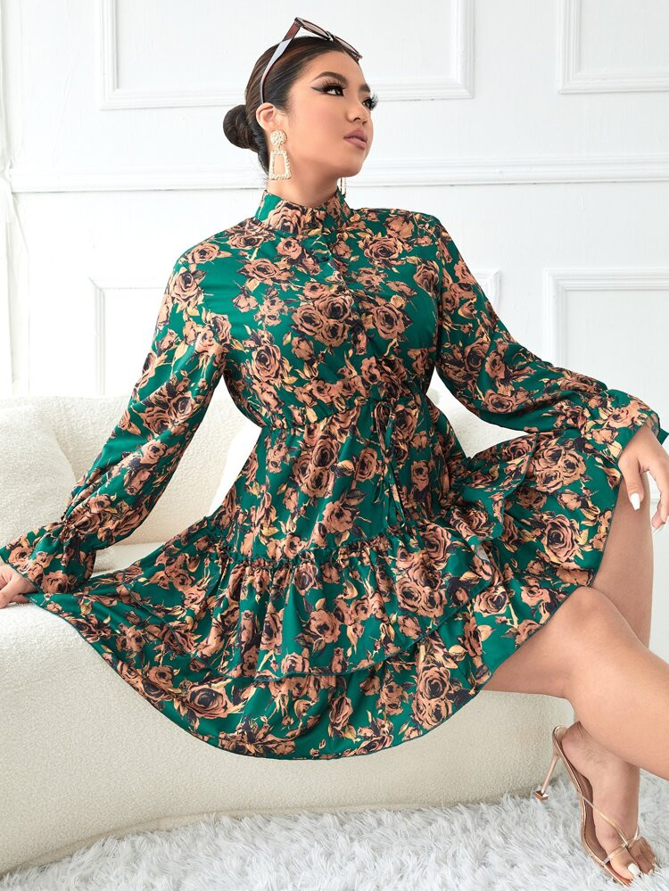 Plus Floral Print Flounce Sleeve Ruffle Hem Tie Front Dress | SHEIN