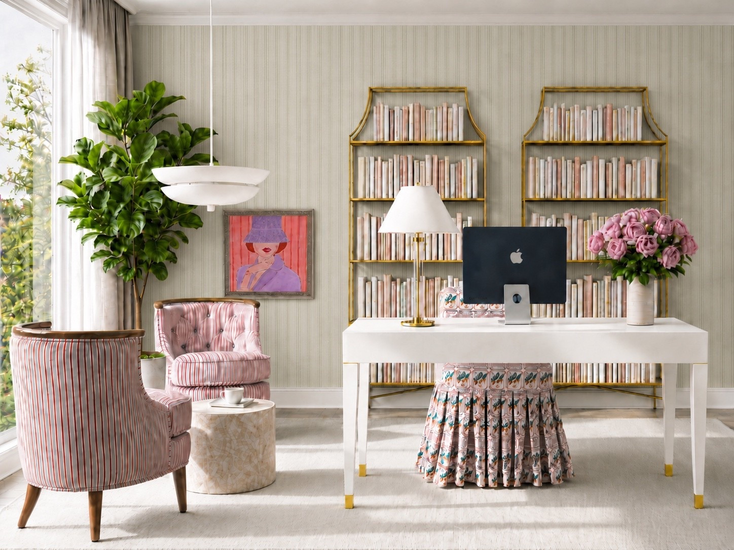 Back-to-school season feels more inspiring with a home office that is both functional and beautifully layered.

This elegant, family-friendly modern home office features a clean white writing desk paired with a playful ruffled patterned chair. Two graceful brass étagères create a polished backdrop against the soft, subtly striped wallpaper, while a classic table lamp, fresh pink floral arrangement, and colorful framed art bring warmth and personality to the workspace.

A cozy lounge area with two striped accent chairs, tailored drapery, and a quiet sculptural pendant creates the perfect spot for reading or taking a break. A lush green plant adds a touch of biophilic design, while beautiful natural light shines through the office, giving the entire space a fresh and uplifting back-to-school feeling.

#BackToSchool #HomeOffice #ModernHomeOffice #WhiteWritingDesk #RuffledChair #BrassEtagere #TwoAccentChairs #StripedWallpaper #WallArt #FramedArt #TableLamp #FloralArrangement #SculpturalPendant #BiophilicDesign #ModernClassic

#LTKHome #LTKdayinmylife #LTKHome #LTKSaleAlert