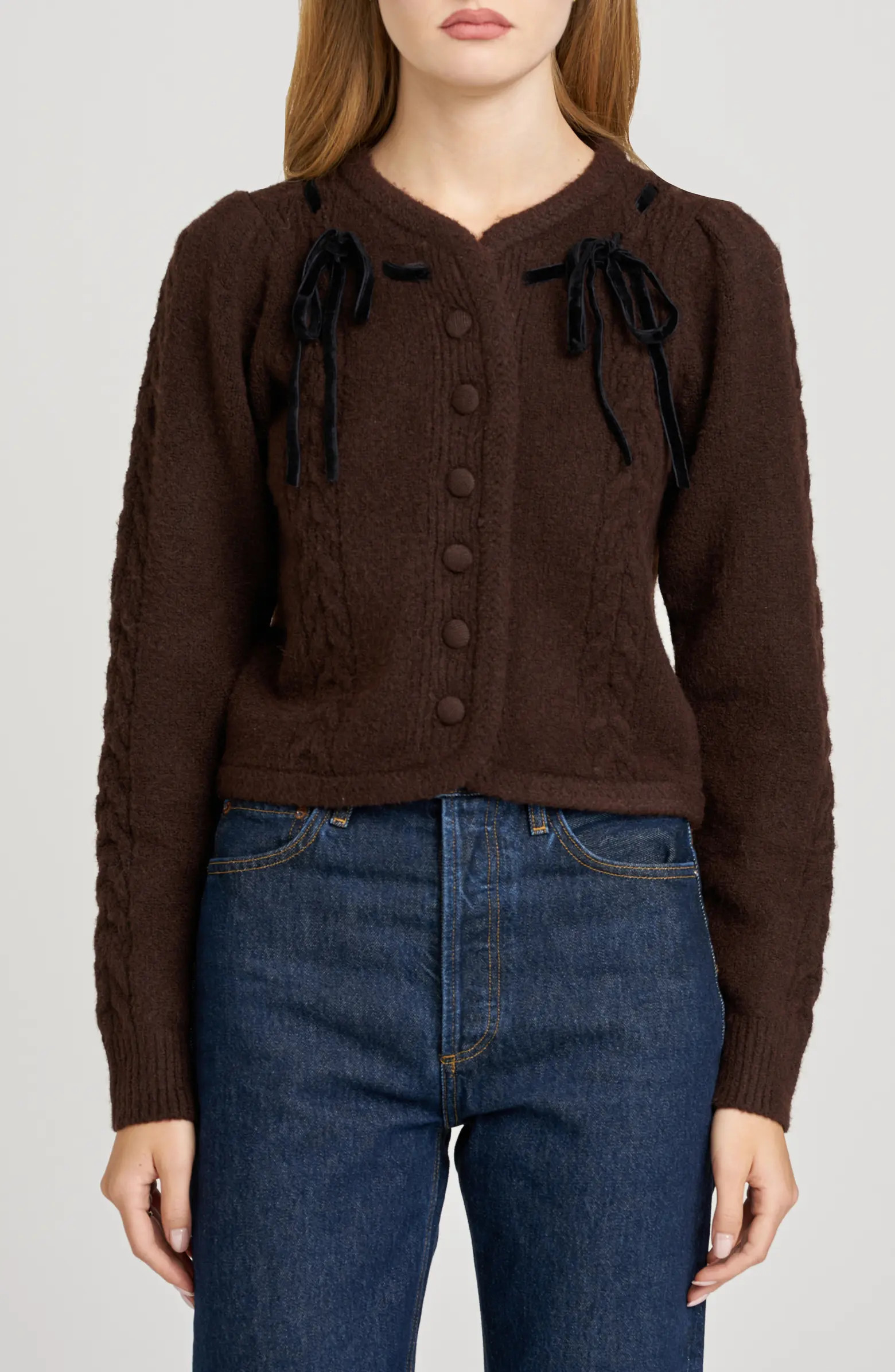 WAYF x Sara Walker Jackie Velvet Bow Cable Stitch Cardigan | Nordstrom | Nordstrom