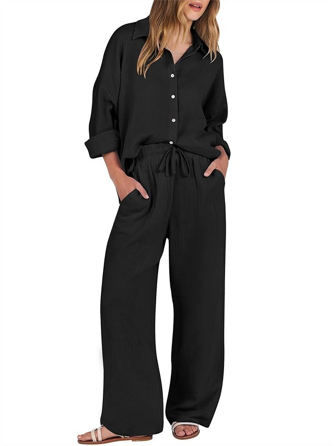 ANRABESS Women 2 Piece Outfits 2023 Long Sleeve Wide Leg Matching Lounge Sets Fashion Travel Vaca... | Amazon (US)